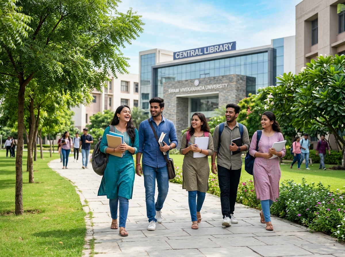 Indian college students in modern university campus guided by PRL EduCon